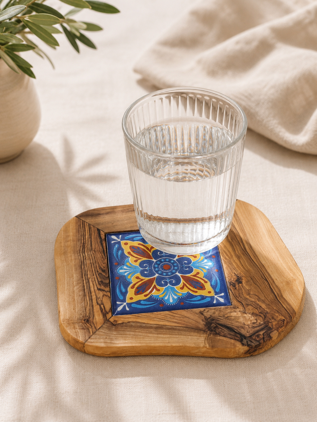 Handcrafted Olive Wood & Ceramic Tile Coaster