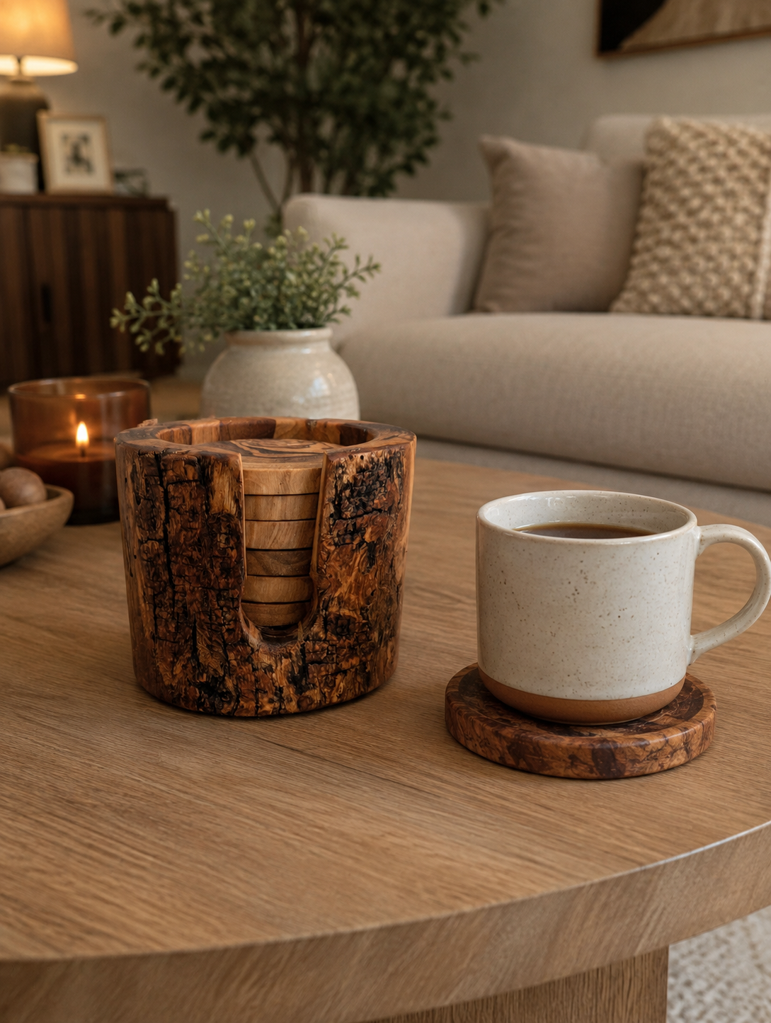Handcrafted Olive Wood Coaster Set with Holder