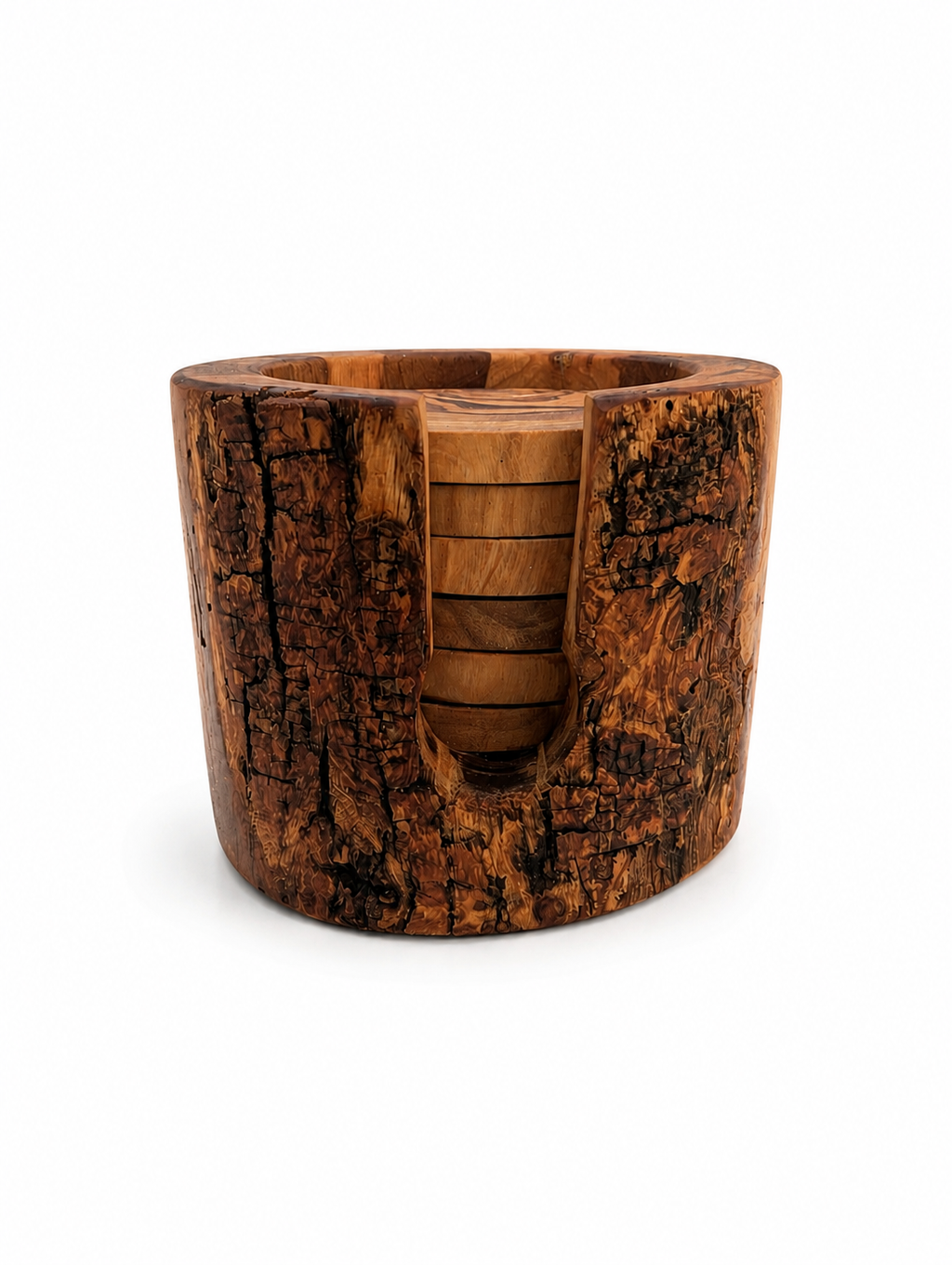 Handcrafted Olive Wood Coaster Set with Holder