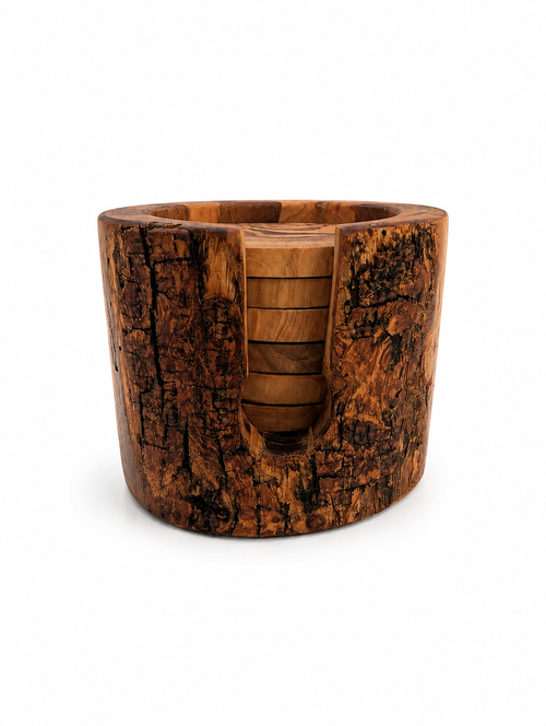 Handcrafted Olive Wood Coaster Set with Holder
