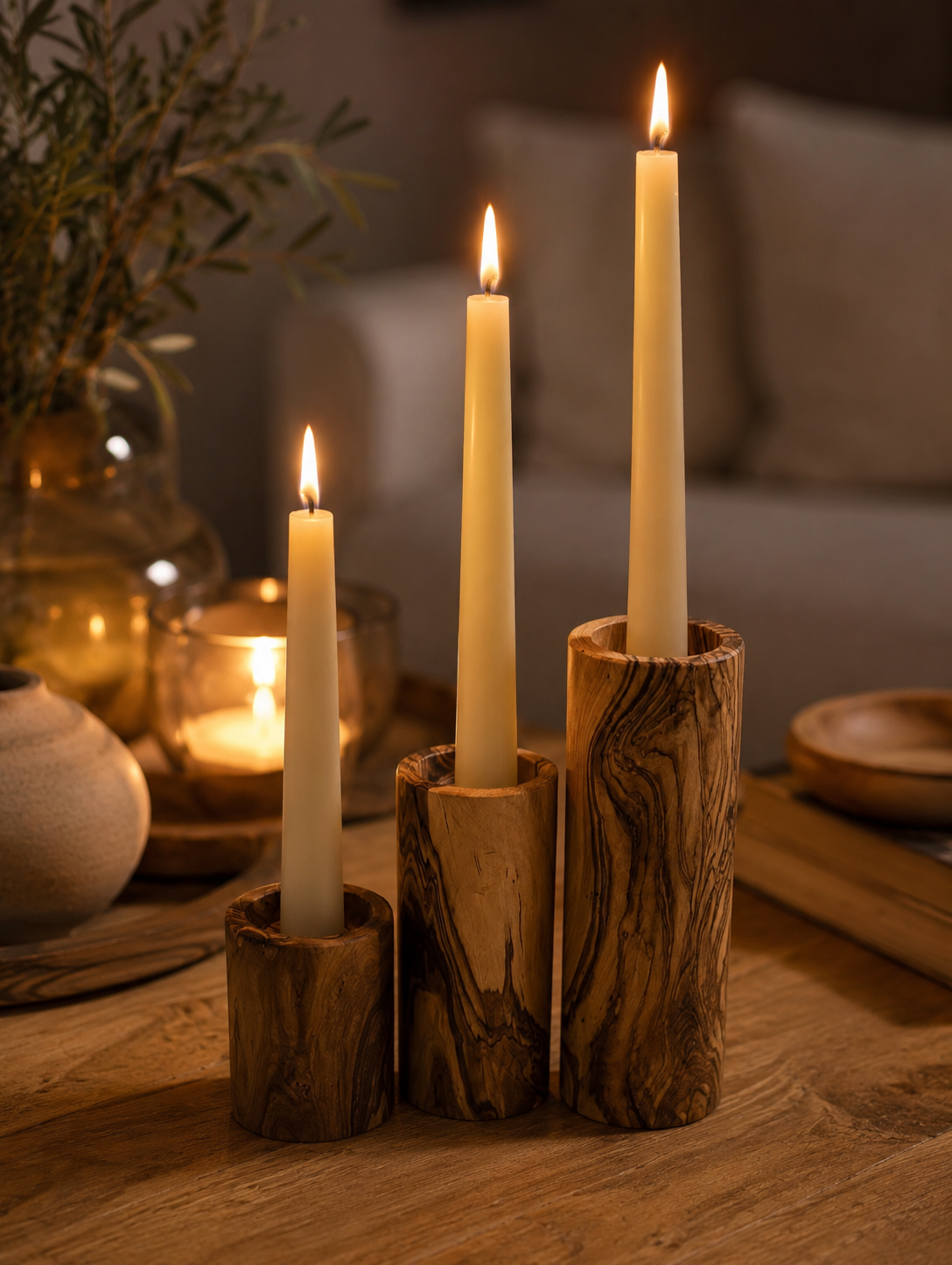 Olive Wood Candle Holder Set