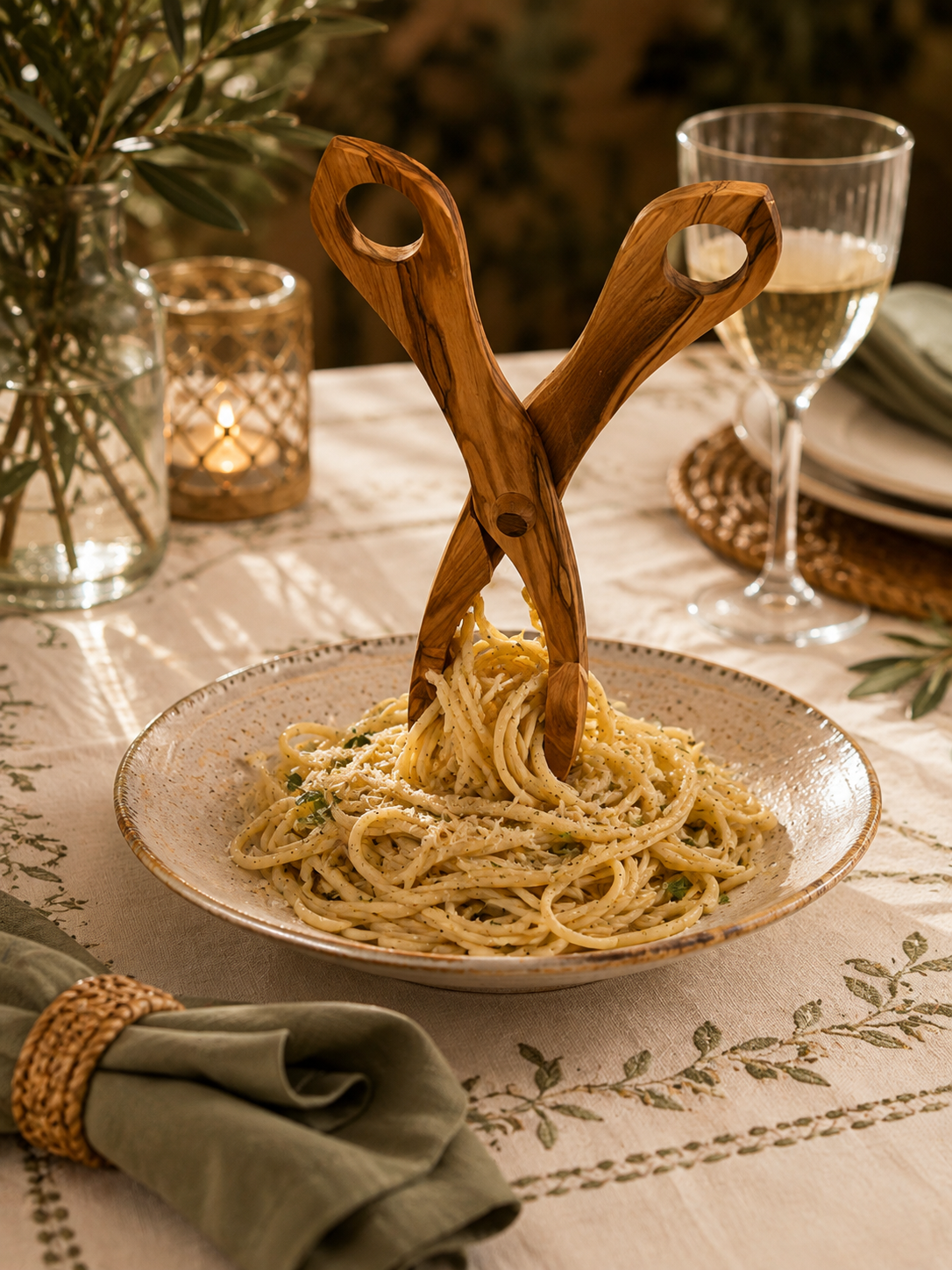 Handcrafted Olive Wood Pasta Serving Tongs